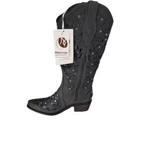 Redtop THE BALLOU Women Size 6 Cowboy Black Boots Rhinestones Pointed Toe